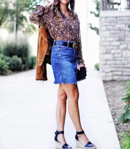 free people floral blouse with mother denim skirt and vince wedges