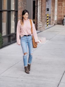 blush chenille sweater with abercrombie ripped denim