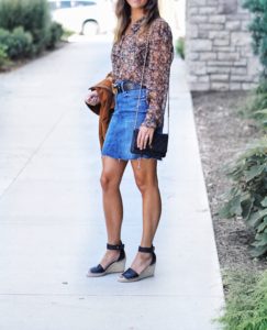 free people floral blouse with mother denim skirt