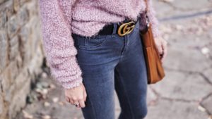 Blush Fuzzy Sweater with gucci belt