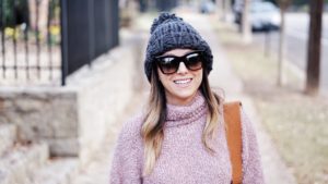 pink fuzzy sweater with celine catherine sunglasses and grey beanie