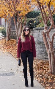 Red chenille sweater with ralph lauren black boots