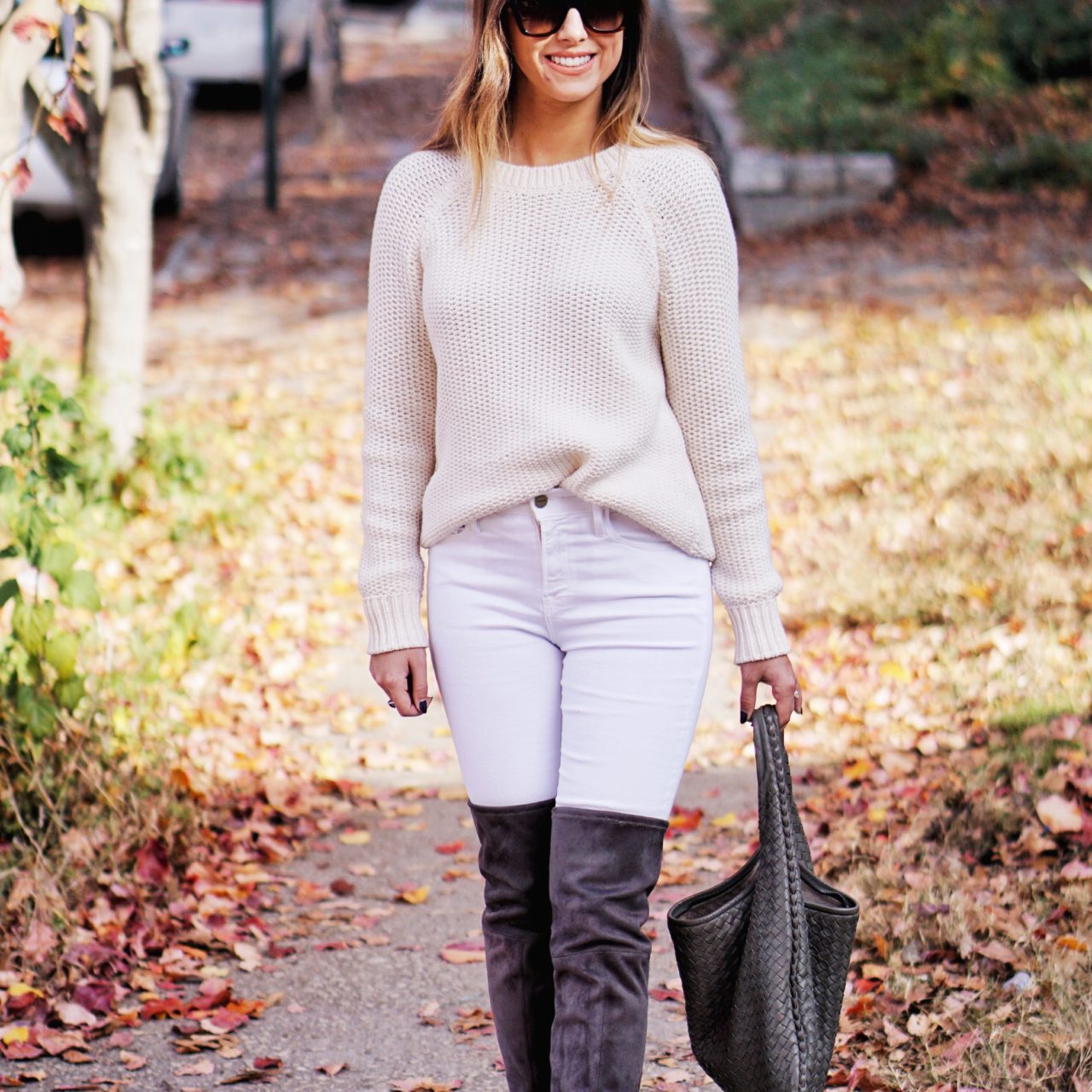 White Jeans With Over The Knee Boots