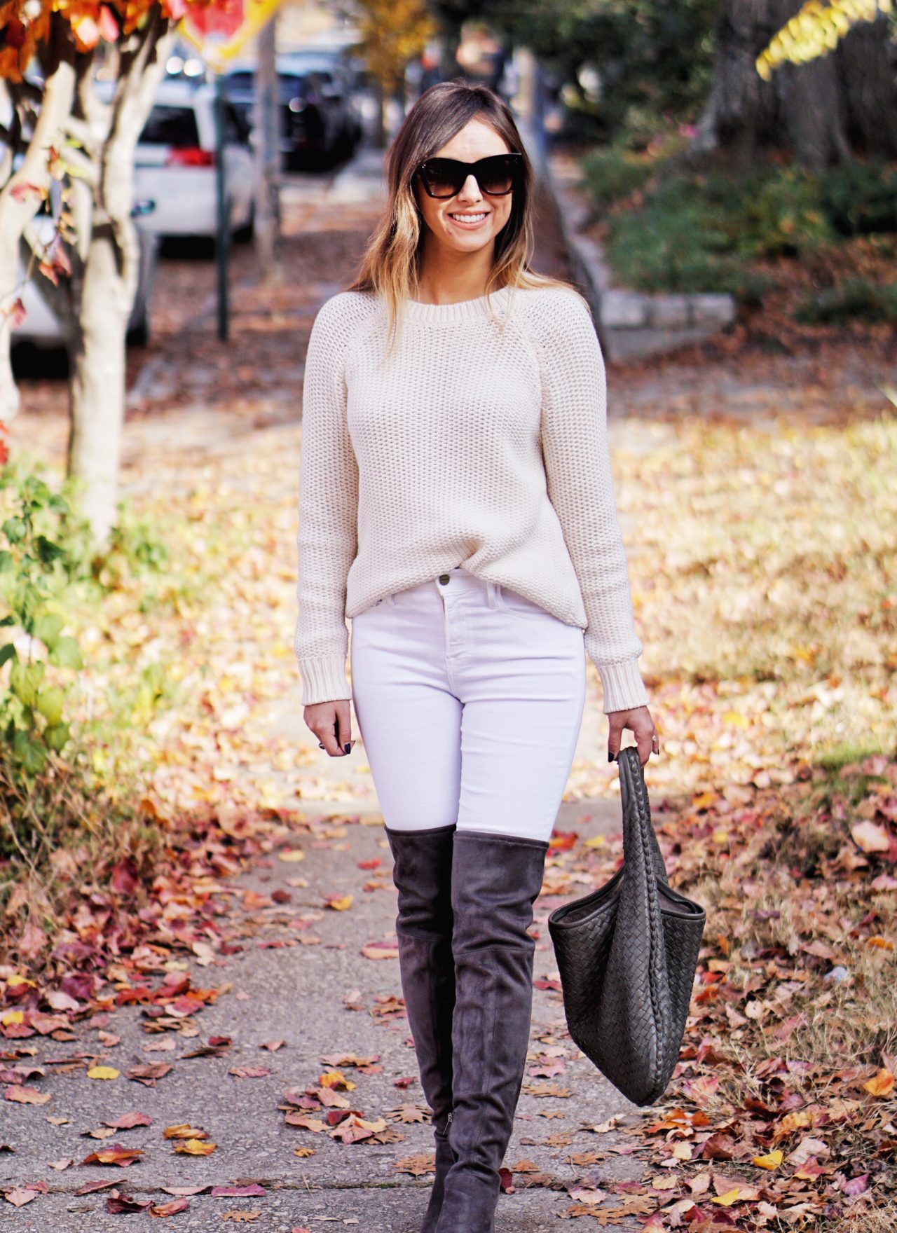 White Jeans With Over The Knee Boots