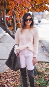 white frame denim with cream vince sweater with celine sunglasses