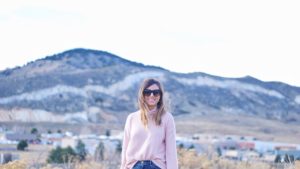 Blush bell sleeve sweater in Colorado mountains