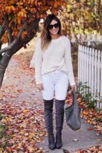 white frame denim with cream vince sweater with grey otk boots