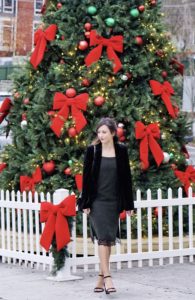 black velvet blazer with christmas tree