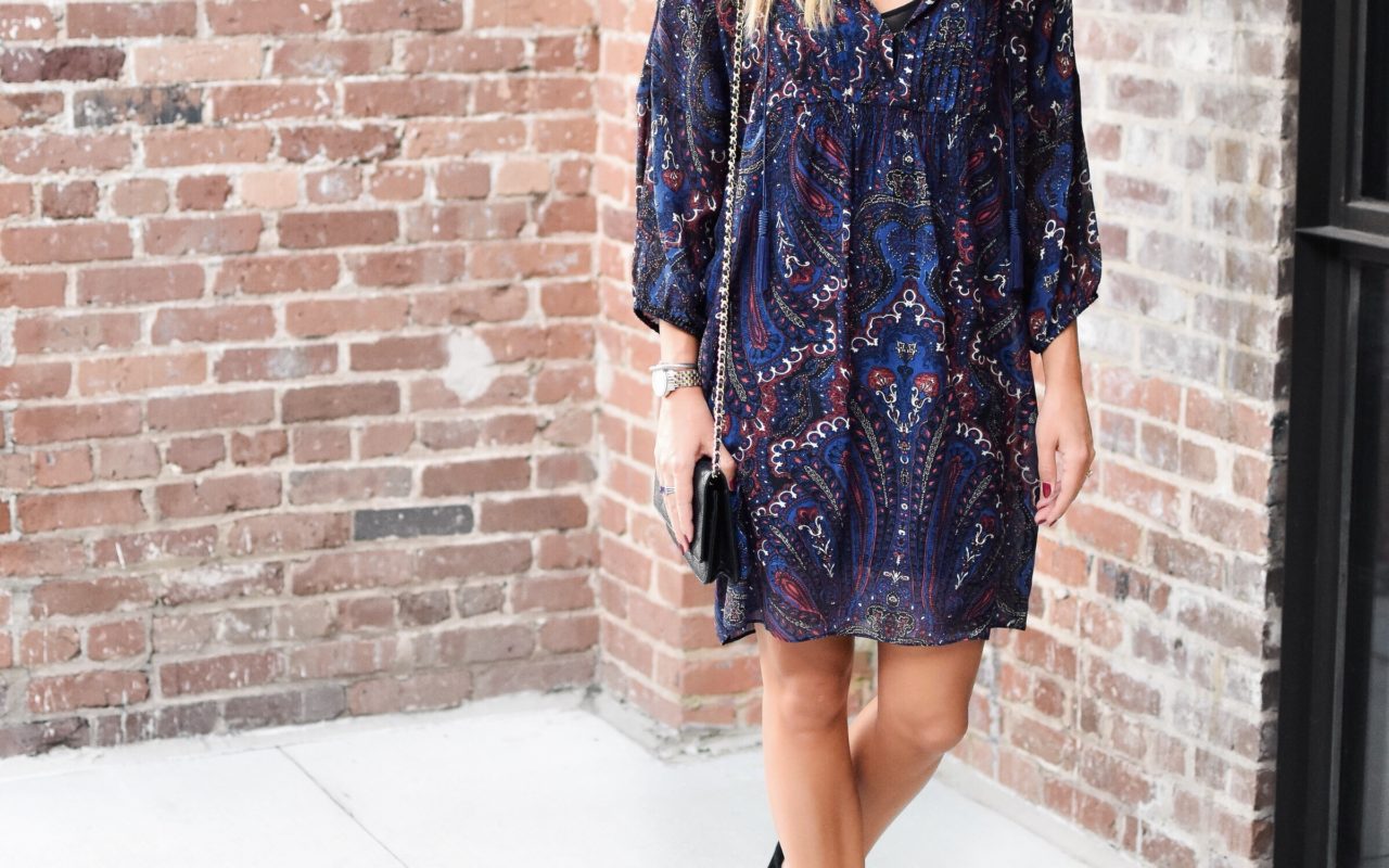 Joie purple paisley dress with black chanel woc