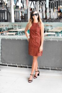 elizabeth and james brown suede dress with celine luca sunglasses at ponce city market