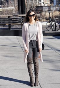 pink long cardigan with grey otk boots