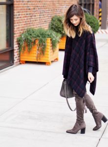 theory plaid cape with grey over the knee boots