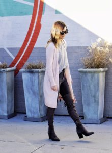 pink long cardigan with grey otk boots and grey jeans