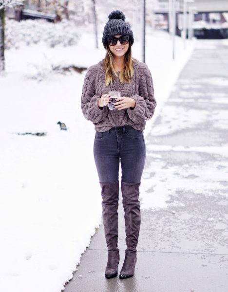 express grey chenille sweater with celine catherine sunglasses in snow