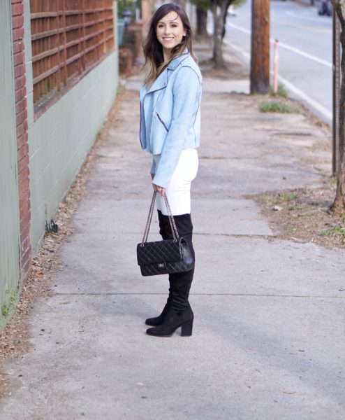 members only faux blue suede moto jacket with over the knee boots