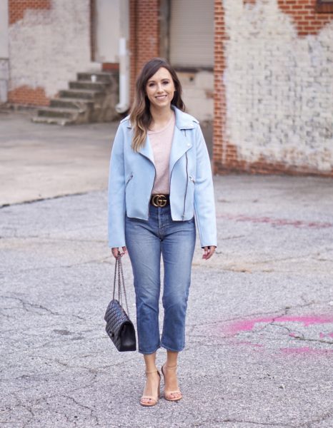 members only faux blue suede moto jacket with mother denim