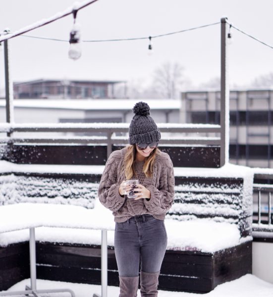 express grey chenille sweater on snowy rooftop