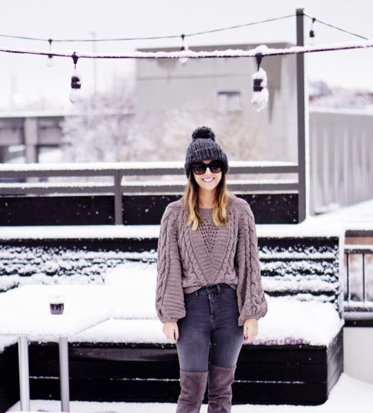 express grey chenille sweater with grey chunky beanie on snowy rooftop