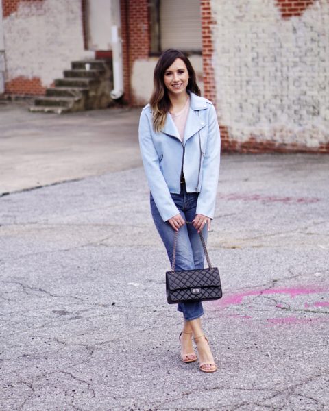 members only faux blue suede moto jacket with nude pumps