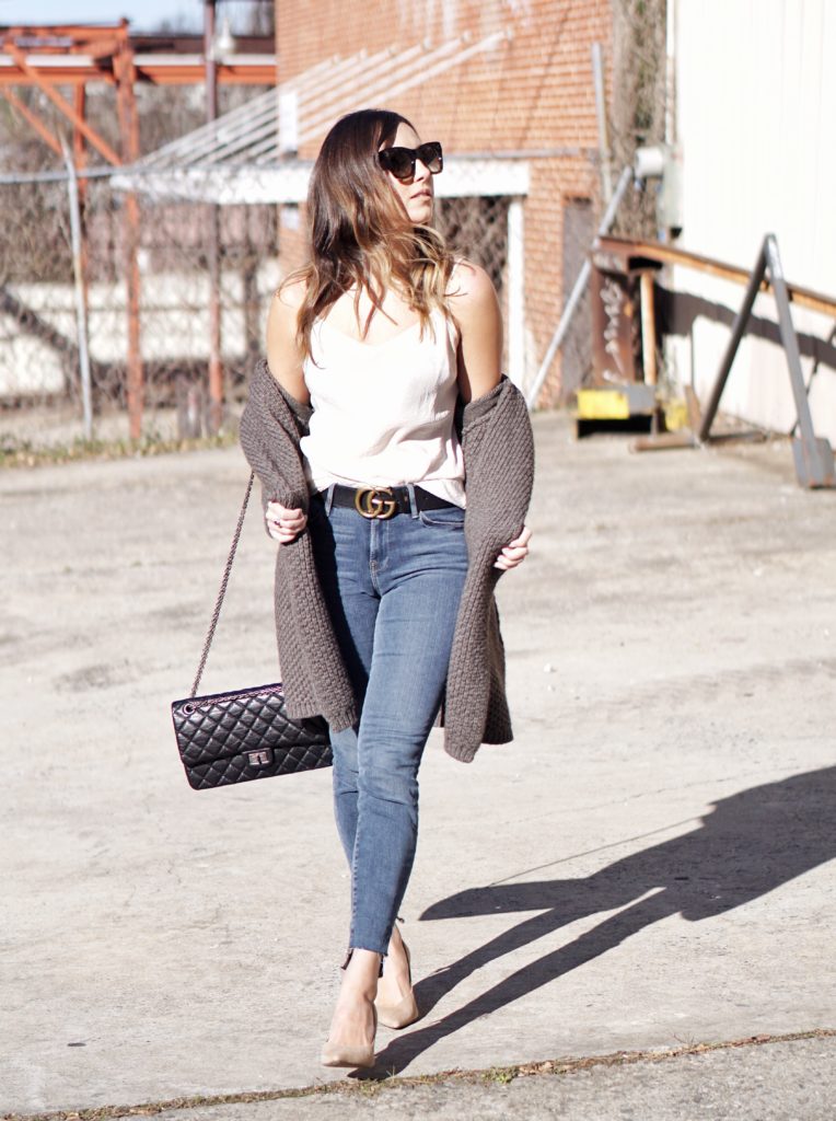 brown vince chunky cardigan with celine catherine sunglasses