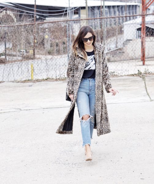 long leopard coat with band tee and celine glasses