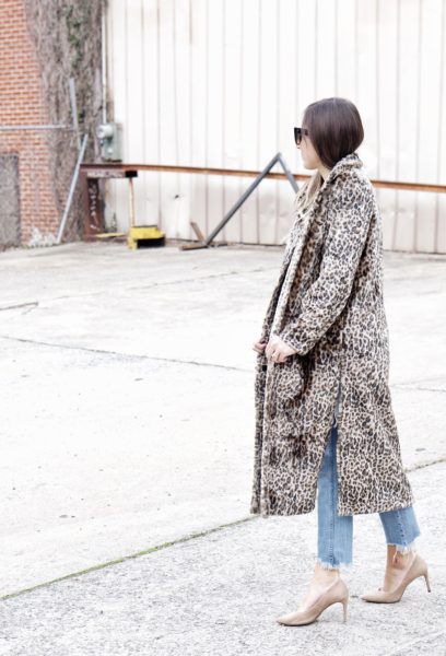long leopard coat with ripped denim