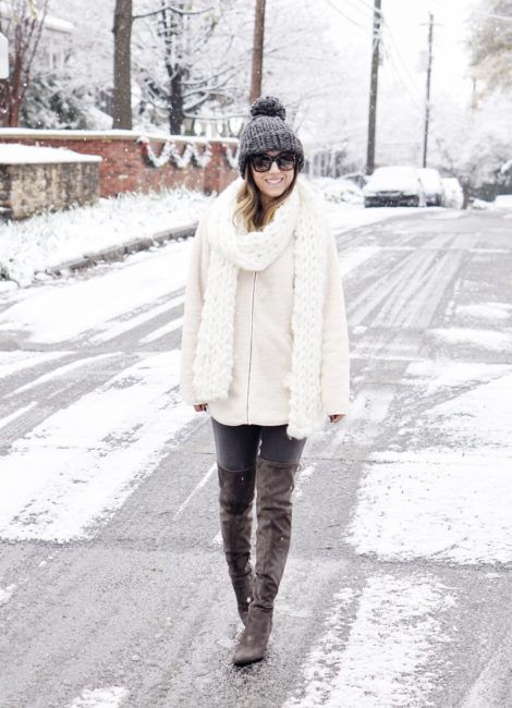 express white fleece zip up with grey over the knee boots