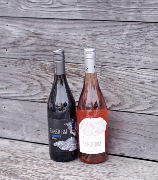 rainstorm wine pinot noir and rose sitting on bench