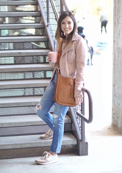 blush moto jacket with aetrex sneakers