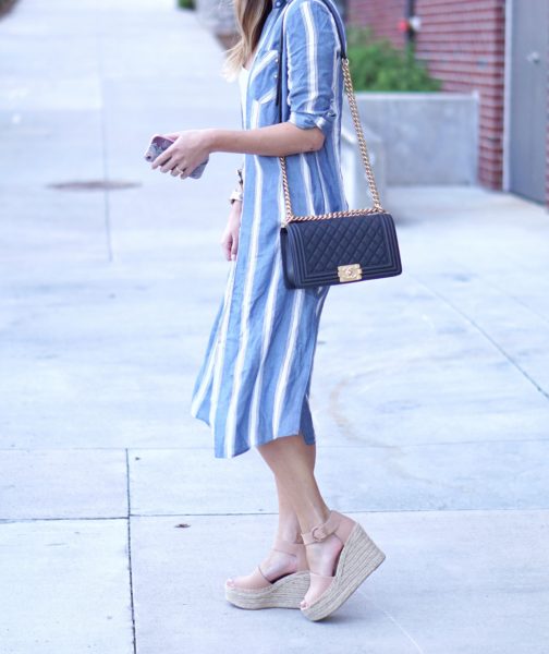 express striped duster with chanel boy bag