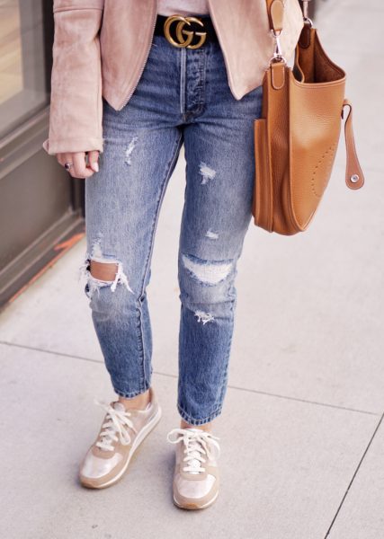 aetrex sneakers with gucci belt and blush jacket