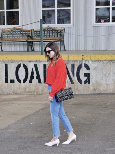 red fuzzy sweater with celine catherine sunglasses