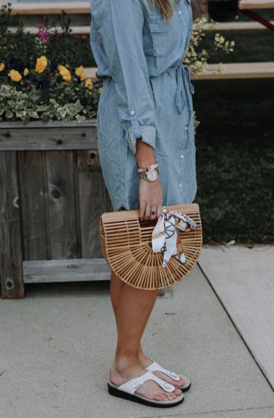 Joie chambray dress with bamboo arc bag