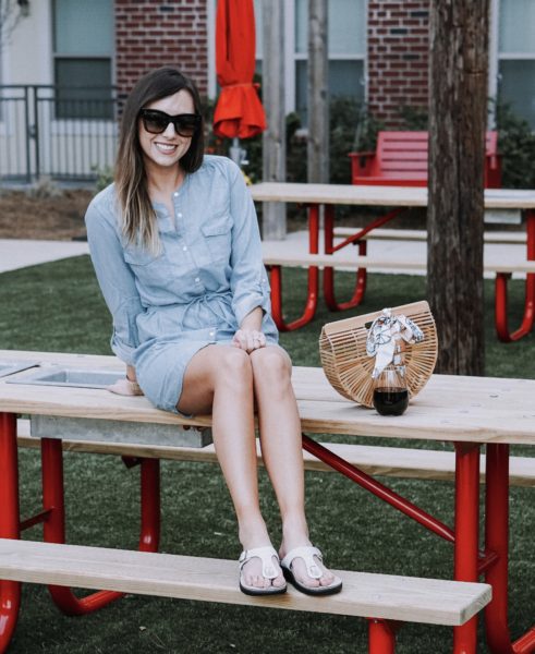 Joie chambray dress with sas sanibel sandals