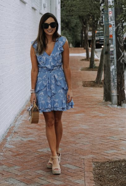 blue ruffle parker new york dress with bamboo arc bag
