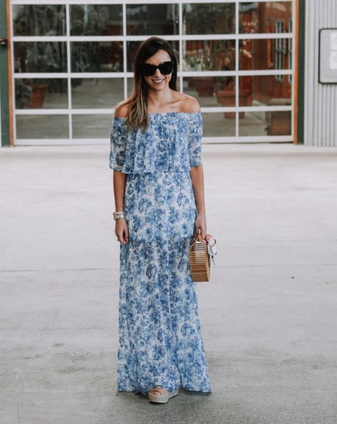blue floral show me your mumu maxi dress with marc fisher wedges