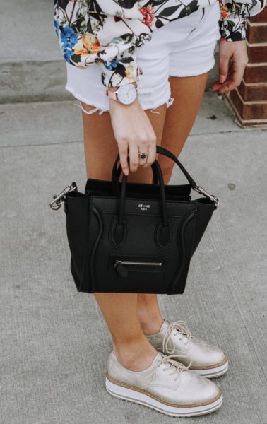 Celine black nano with seven dial gold brogue shoes