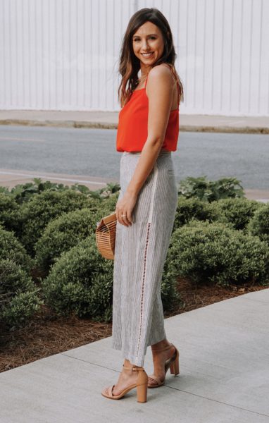 red tank with nanette lepore navy stripe culottes