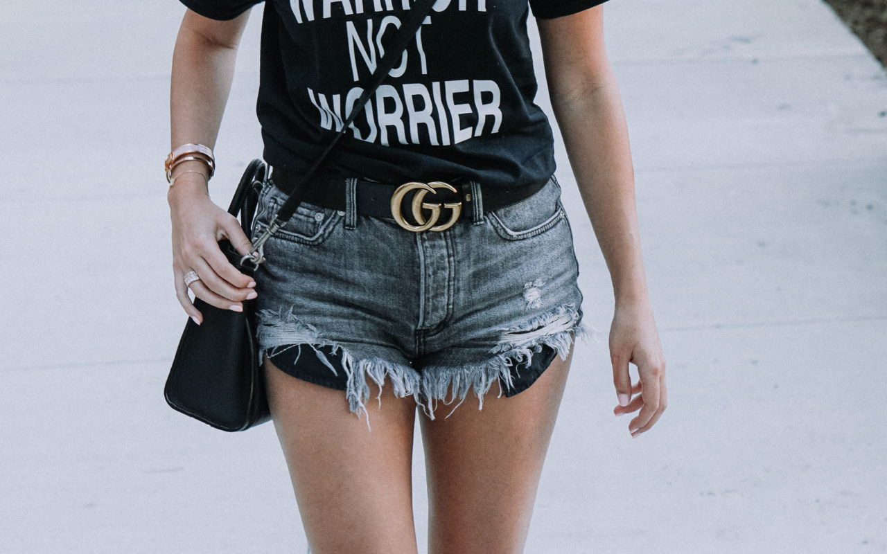 warrior not worrier tee with gucci belt