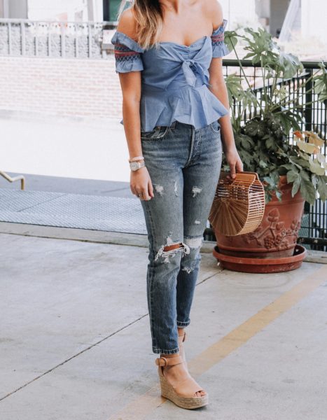 red carter blue top with levis jeans