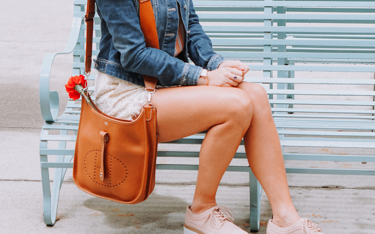 blush brogue sneakers with white lace shorts