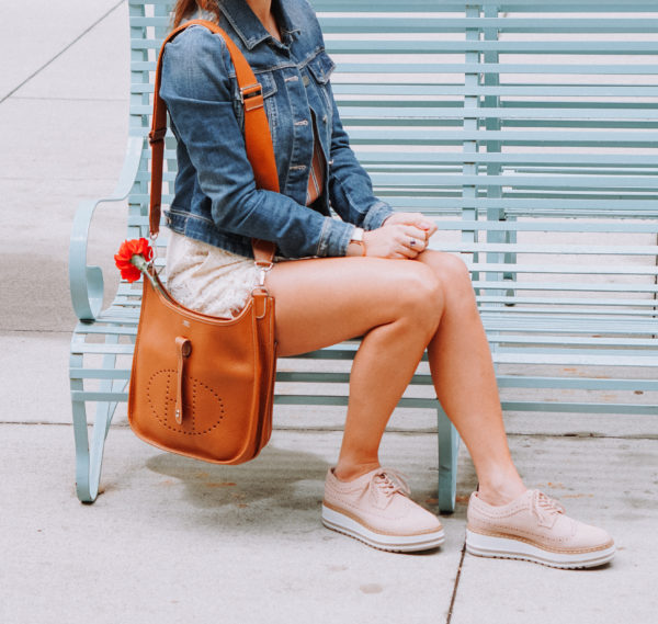 blush brogue sneakers with white lace shorts