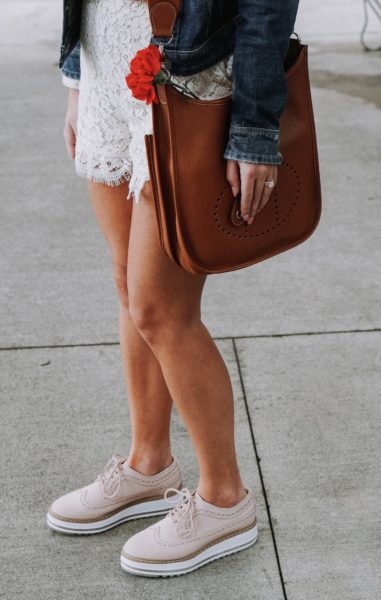 white lace shorts with blush brogue sneakers