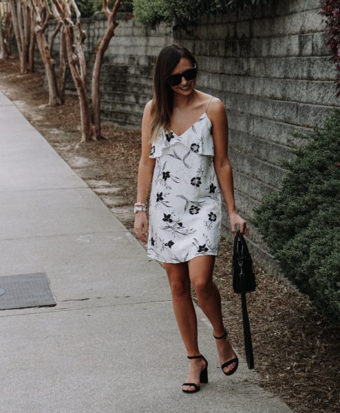 joie black and white floral dress with stuart weitzman nearlynude