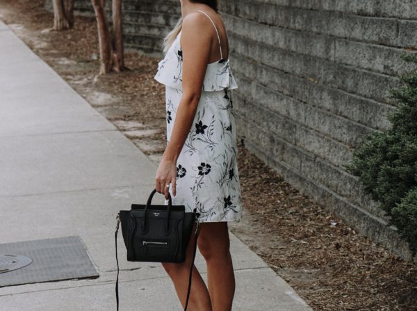 joie black and white floral dress with celine nano