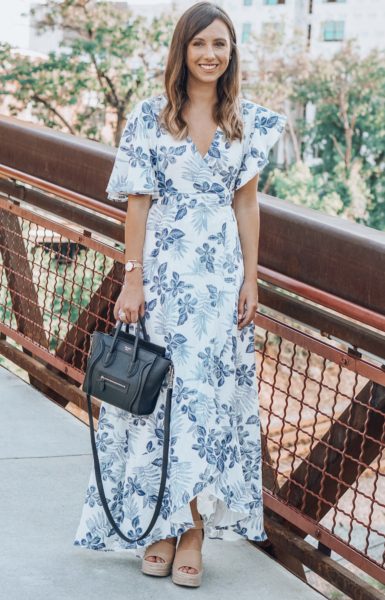 marc fisher blush wedges with Before You blue floral maxi dress