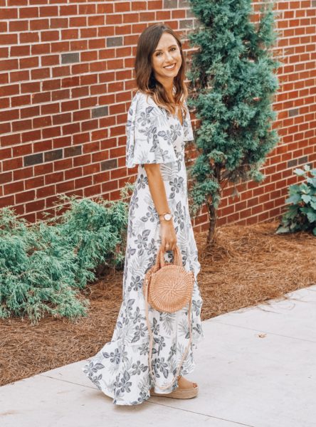 Before You blue floral maxi dress with marc fisher blush wedges