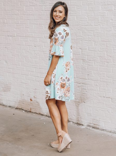 jardin by macris green floral dress with marc fisher blush wedges