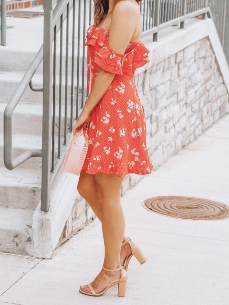 red floral sugar lips dress with stuart weitzman nearlynude