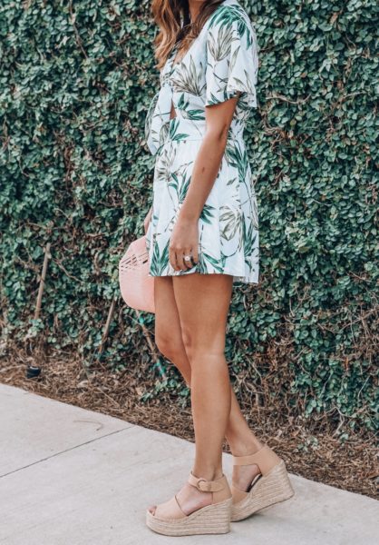 palm print cut out romper with marc fisher wedges
